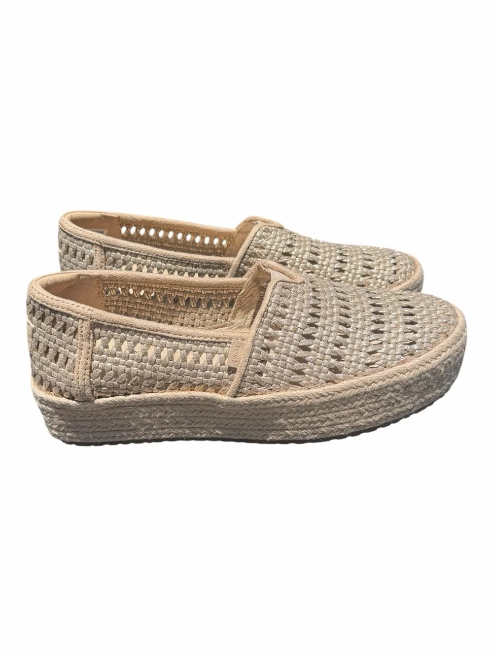 TOMS Valencia Champagne Metallic Basket Weave Platform Espadrilles NWT 8.5